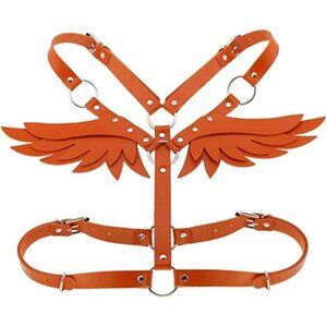 ORANGE Leather Harness Angel Wing Garter Belt Waistband Slave Fetish Bondage BDS